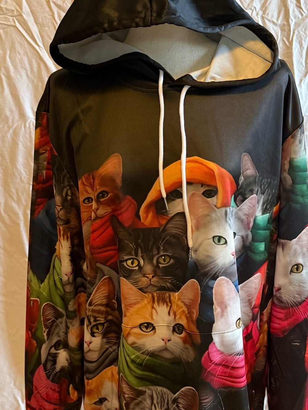 Black Cat-Print Pullover Hoodie with Colorful Cats - Picture 2 of 6